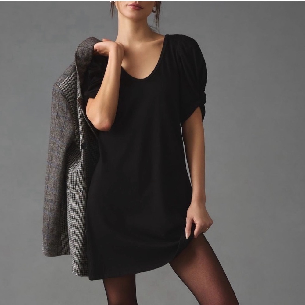 NWT Anthropologie Amadi Twist Puff Sleeve V-Neck Mini Dress Black XS